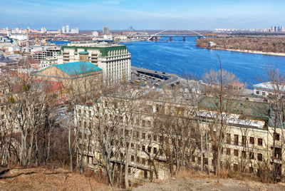 Beautiful cityscape of kyiv in early spring in bright sunny colors overlooking the blue river dnipro