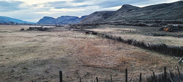 Scenic view of land and mountains against sky