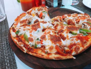 High angle view of pizza on table