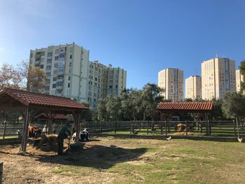 Buildings in city against clear blue sky