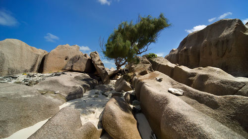 Low angle view of rock formations against sky