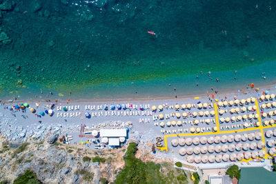 Jaz beach near budva, montenegro, europe. aerial view of adriatic sea