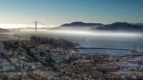 View of suspension bridge in city