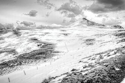 Scenic view of snow covered land against sky