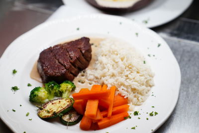 High angle view of food served in plate