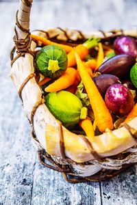 High angle view of fruits on wood