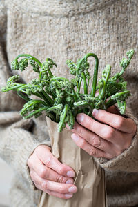 Bracken fern in eco craft paper bag, in hands of elderly woman.vegan concept. sustainable lifestyle.