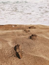 High angle view of footprints on sand at beach