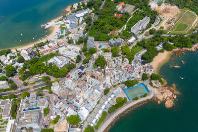 High angle view of trees and buildings in city