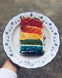 Cropped hand of man holding cakes in plate