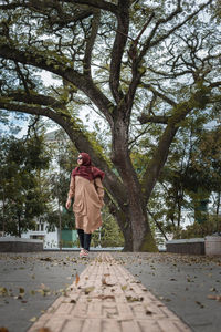 Rear view of woman walking on footpath amidst trees