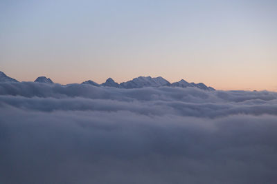 Scenic view of mountains against sky during sunset