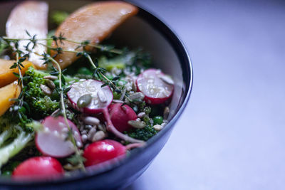 High angle view of fruits in bowl on table