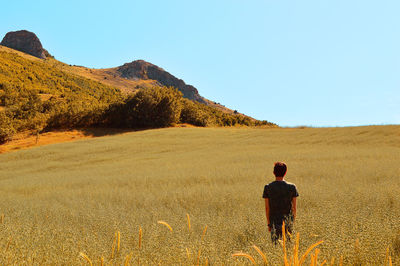 Rear view of man on field against clear sky