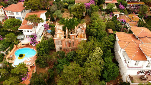 High angle view of buildings in town