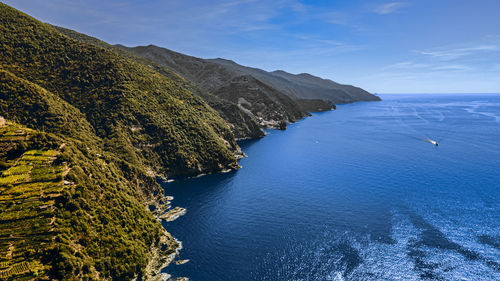 Scenic view of sea and mountains against sky
