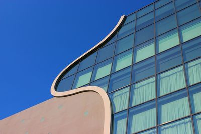 Low angle view of modern building against clear blue sky