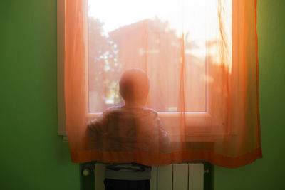 Rear view of man looking through window at home