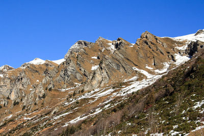 Scenic view of snowcapped mountains against clear blue sky