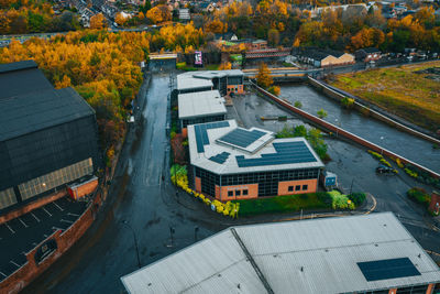 High angle view of buildings in city during autumn