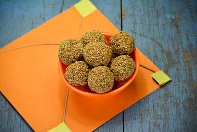 High angle view of food on table