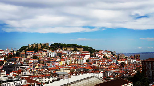 High angle shot of townscape against sky