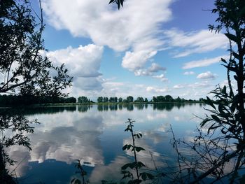 Scenic view of lake against cloudy sky