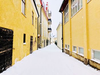 Empty road amidst snow covered buildings in city