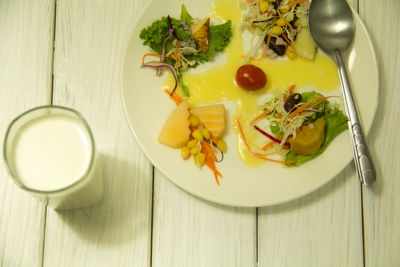 High angle view of breakfast served on table