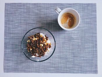 High angle view of breakfast served on table