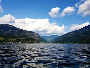 Scenic view of lake by mountains against sky