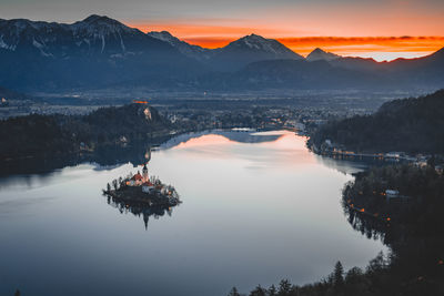 Sunrise at bled lake, slovenia, mountain, mountain range, lake, water, island.