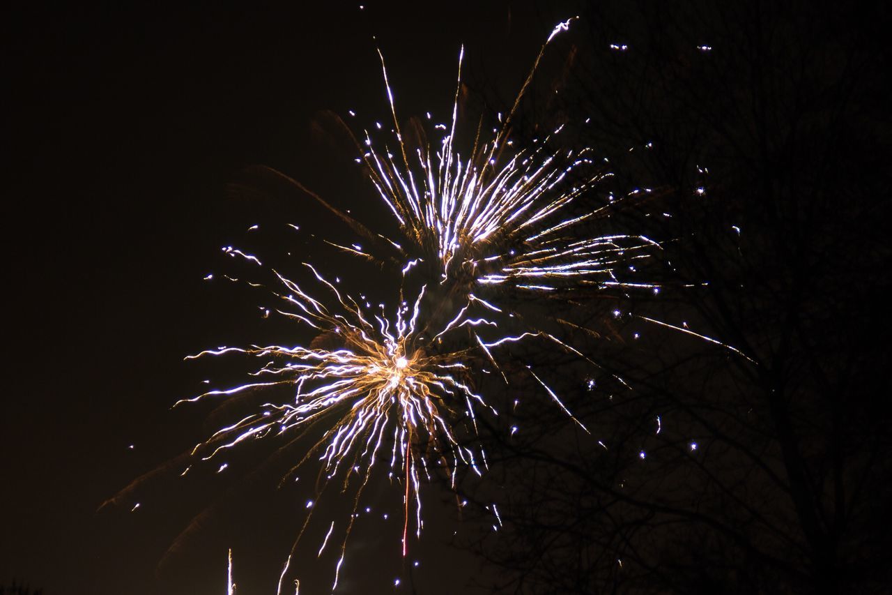 LOW ANGLE VIEW OF FIREWORKS IN SKY AT NIGHT