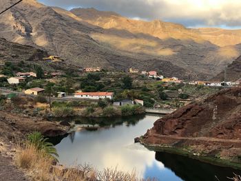 Scenic view of lake by buildings and mountains