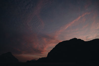 Low angle view of silhouette mountain against sky at sunset