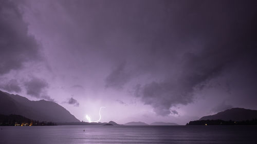 Scenic view of sea against cloudy sky at night