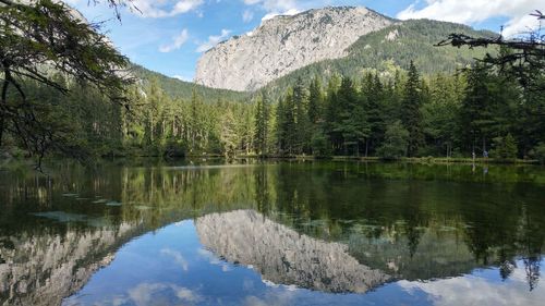 Scenic view of lake with mountains in background