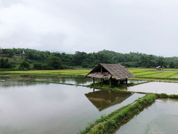 Scenic view of lake by building against sky