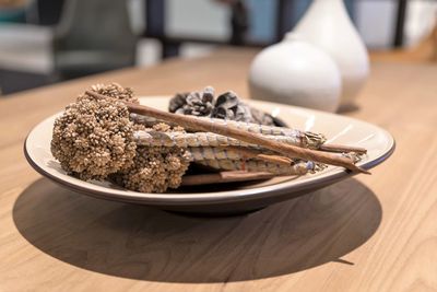 High angle view of food in plate on table