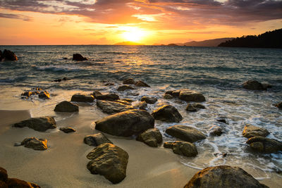 Scenic view of sea against cloudy sky during sunset