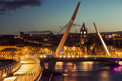 Illuminated bridge over river at night