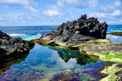 Rock formations by sea against sky