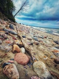 Surface level of pebbles on beach against sky