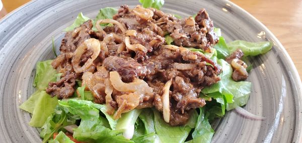 High angle view of food in plate on table