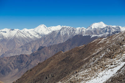 Scenic view of snowcapped mountains against clear blue sky