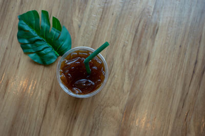 High angle view of drink in jar on table