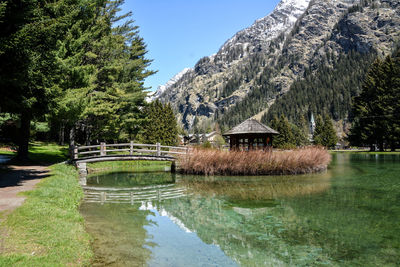 Scenic view of lake by trees against sky