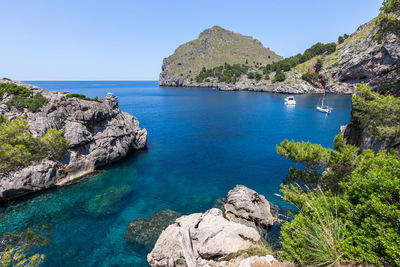 Scenic view of bay against clear sky