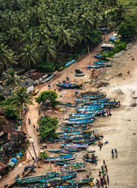 Fishing boats many at sea shore at early morning aerial shots