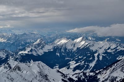 Aerial view of snowcapped mountains against sky